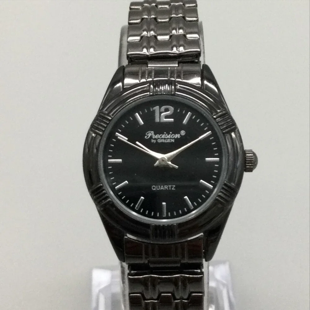 Gruen Precision Womens Watch 24mm Black Dial Stainless Expansion New Battery